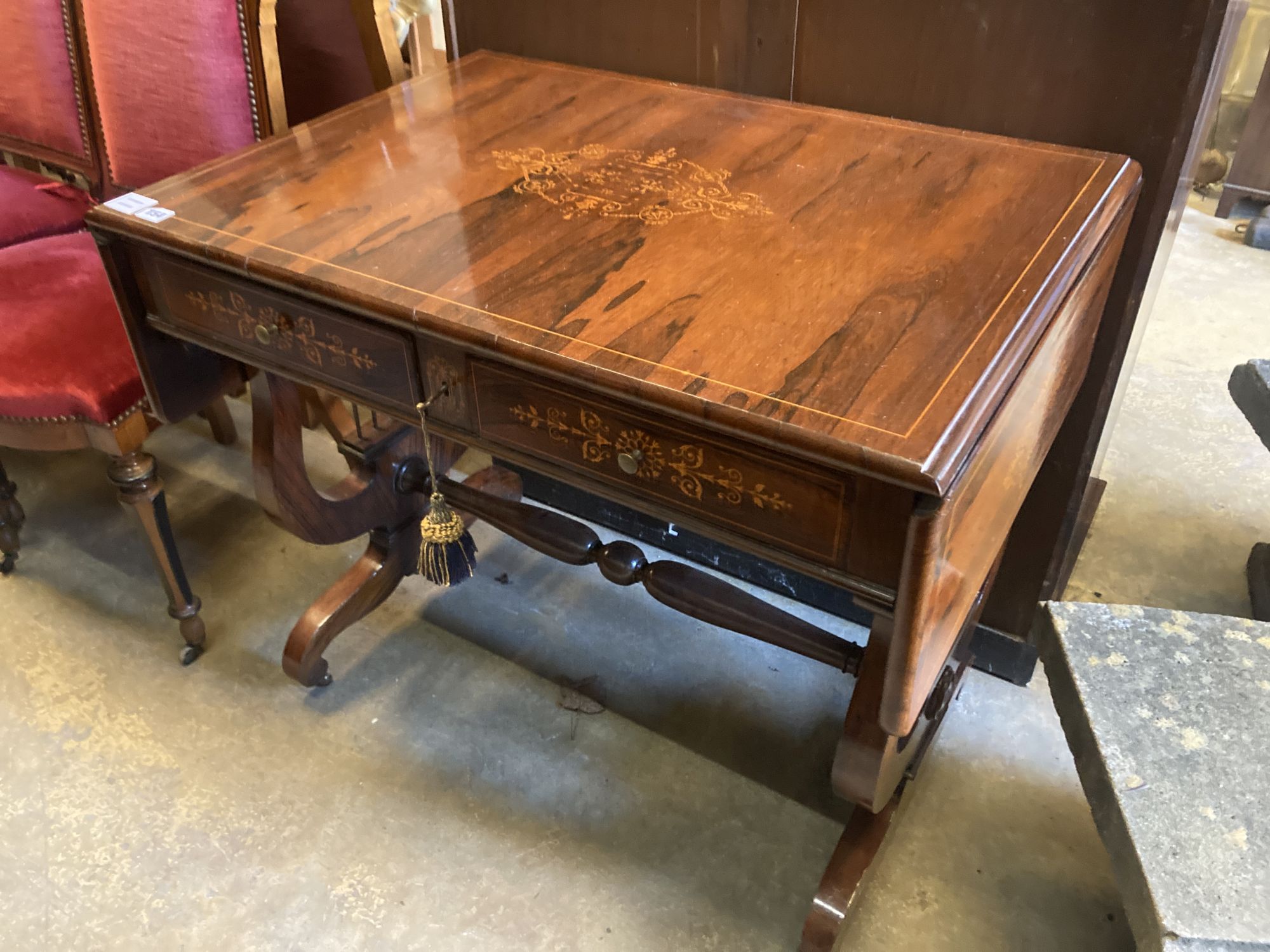 A 19th century French marquetry inlaid rosewood sofa table, width 84cm, depth 60cm, height 77cm